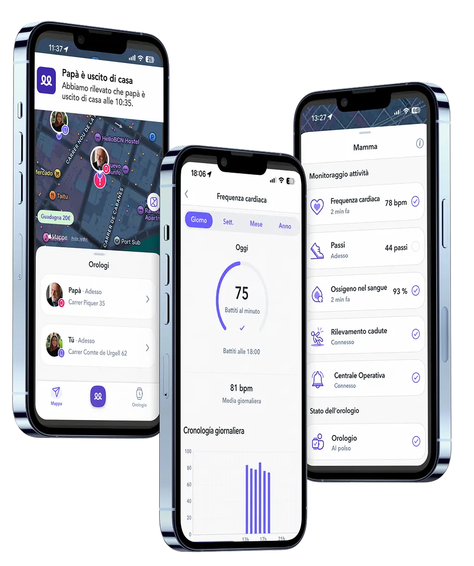 Tre smartphone che mostrano l'app Durcal: notifiche, frequenza cardiaca e monitoraggio attività